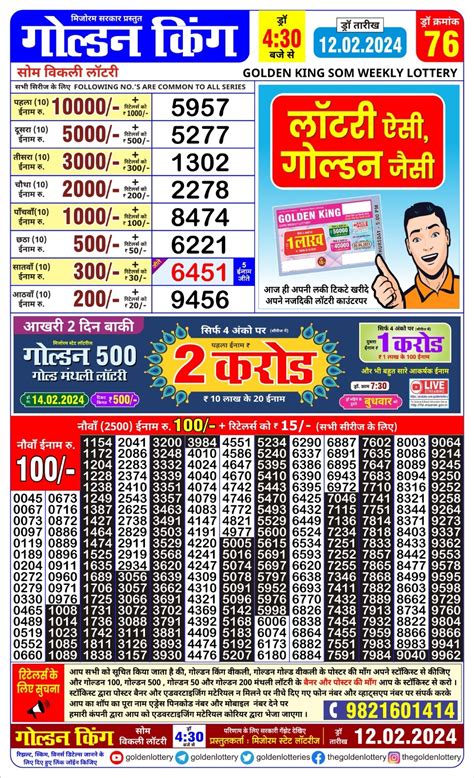 Golden king Som Weekly Lottery Result,4:30 pm, 29.01.2024.